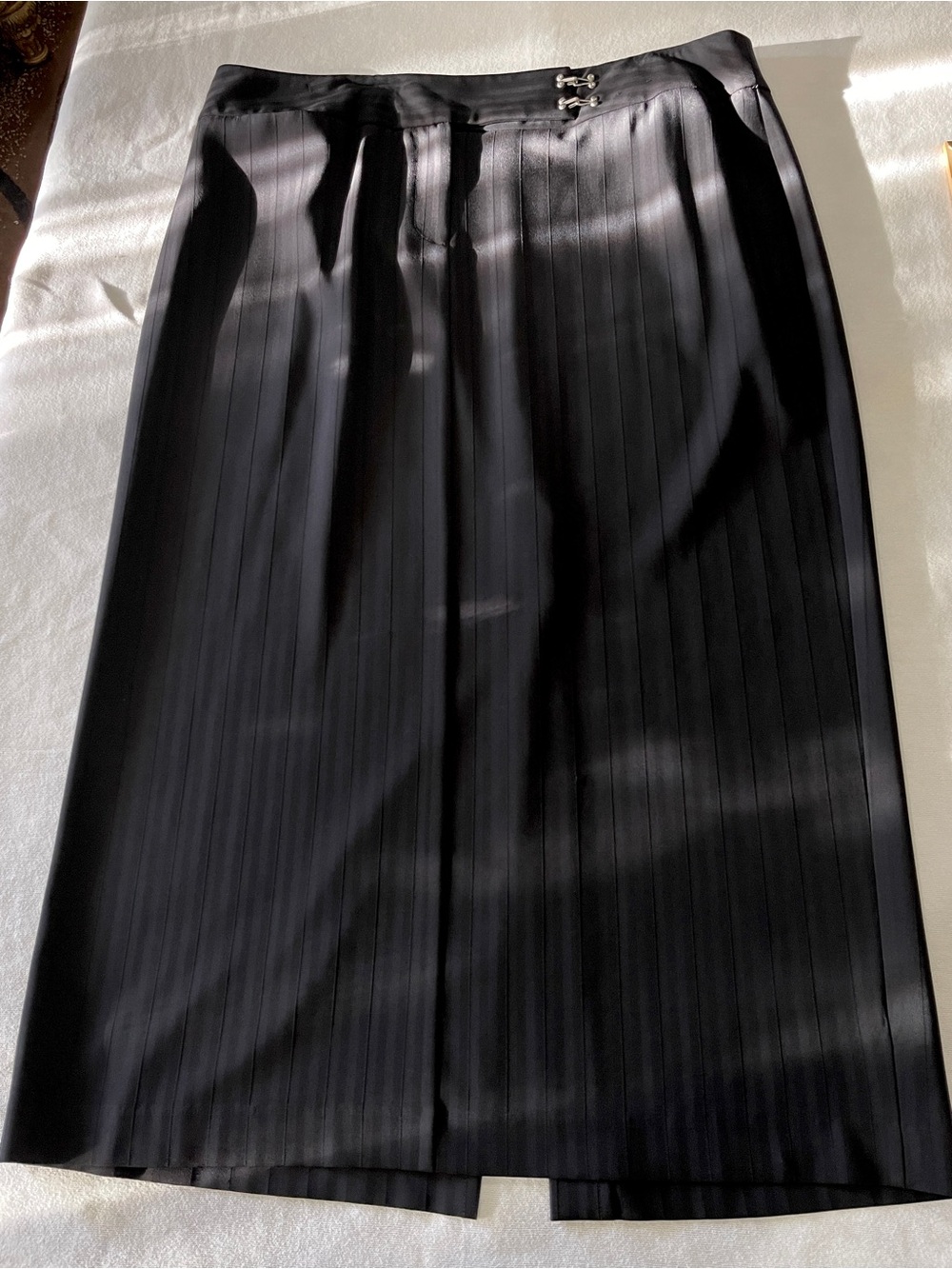 Classic Black Satin-Stripe Quality Midi Skirt w/Hook Accents, w/High Back Slit